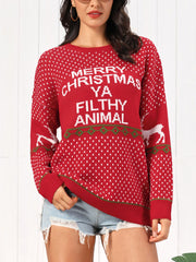 Christmas Element Round Neck Sweater Red - Fashorio