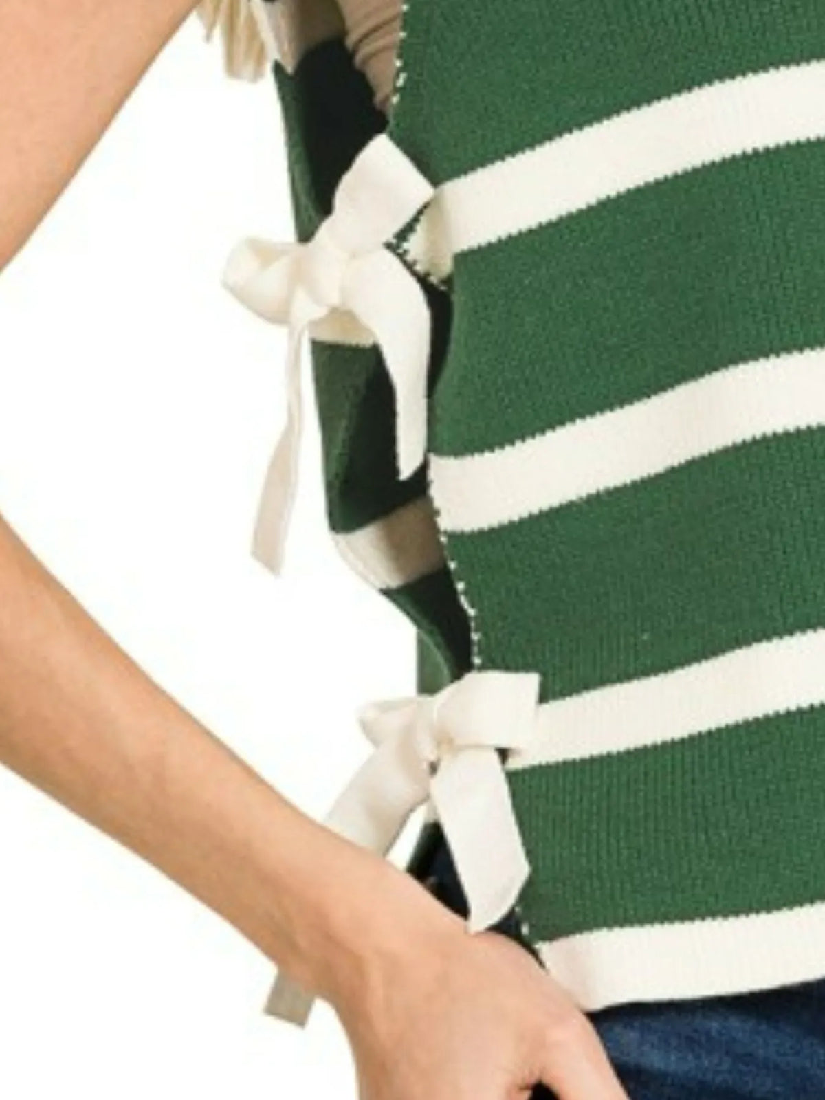 Side Tie Striped Sweater Vest in Dark Green back view