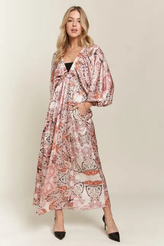 Floral Print V Neck Batwing Sleeve Dress in Blush detail