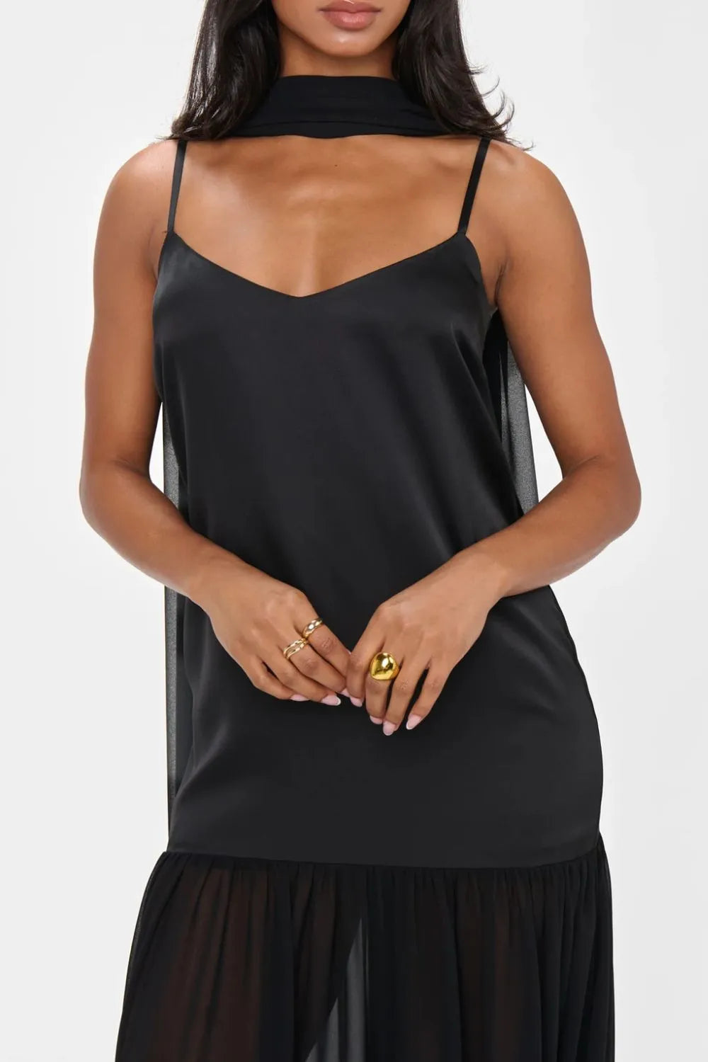 Adjustable strap maxi cami dress with matching scarf, detail of neckline
