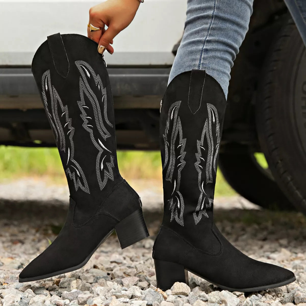 Point toe block heels boots front facing view