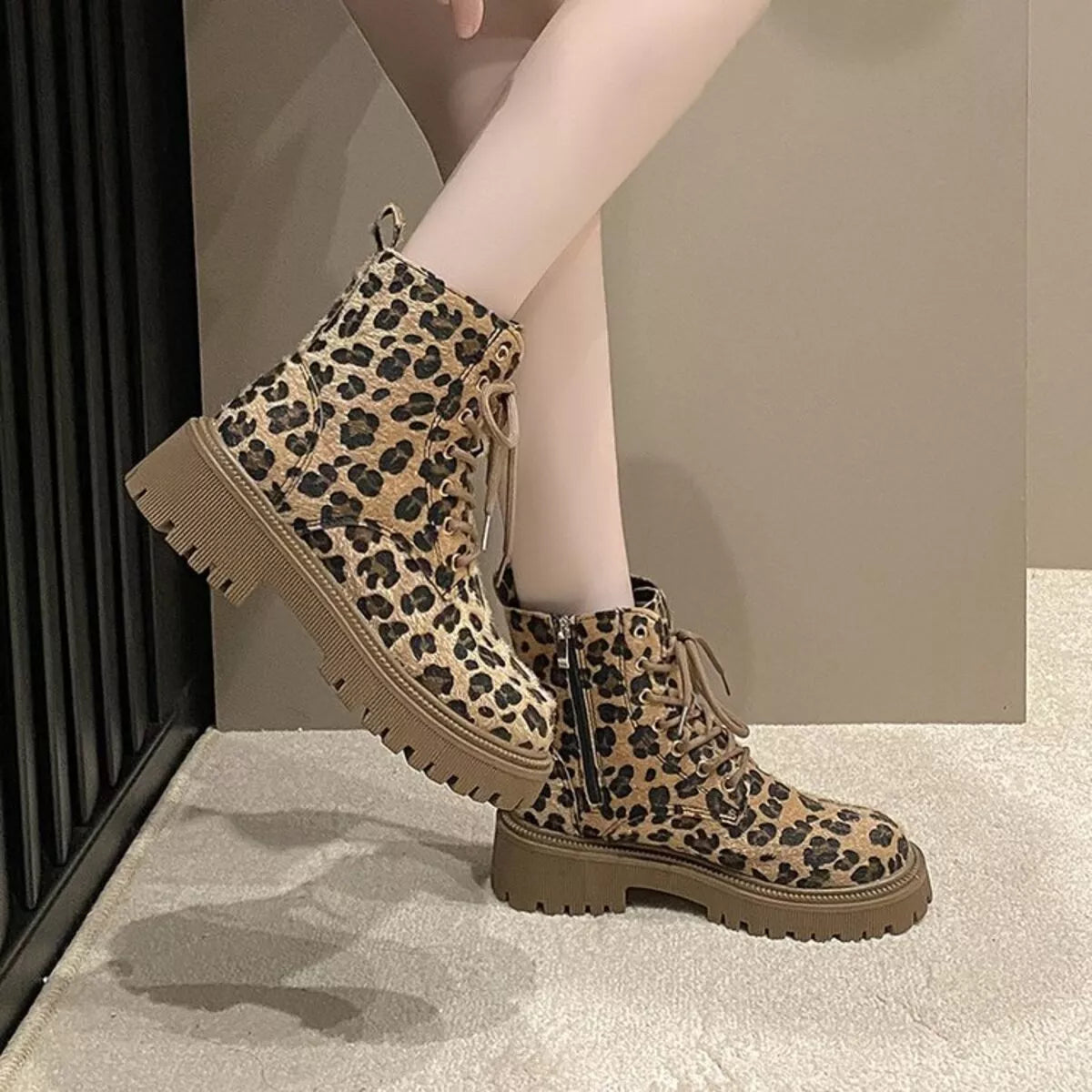 Animal print lace up ankle boots upper detail