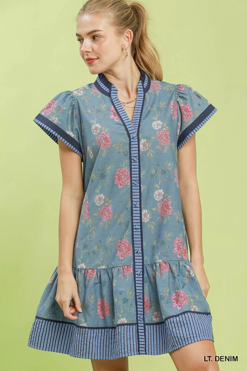 Light denim floral contrast trim ruffle hem mini dress front view