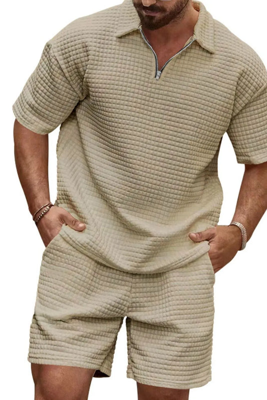 Men's Full Size Zip Collar Short Sleeve Top and Shorts Set Plus Size Khaki - Fashorio