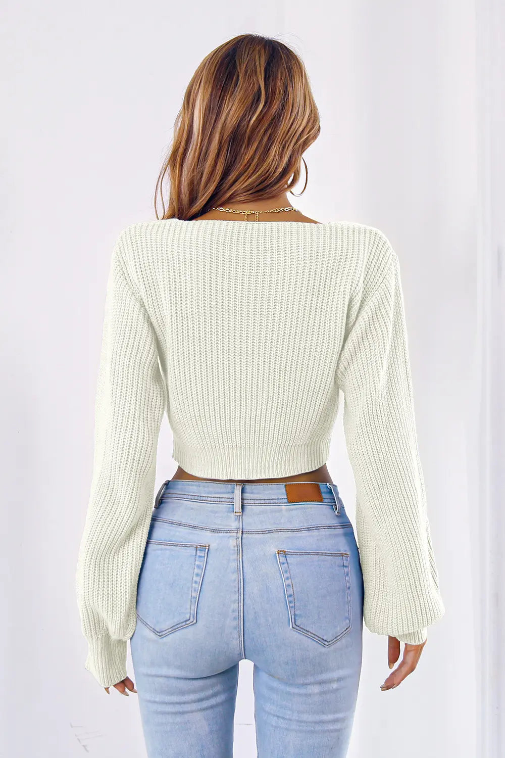 Bow V-Neck Long Sleeve Cropped Sweater - Fashorio
