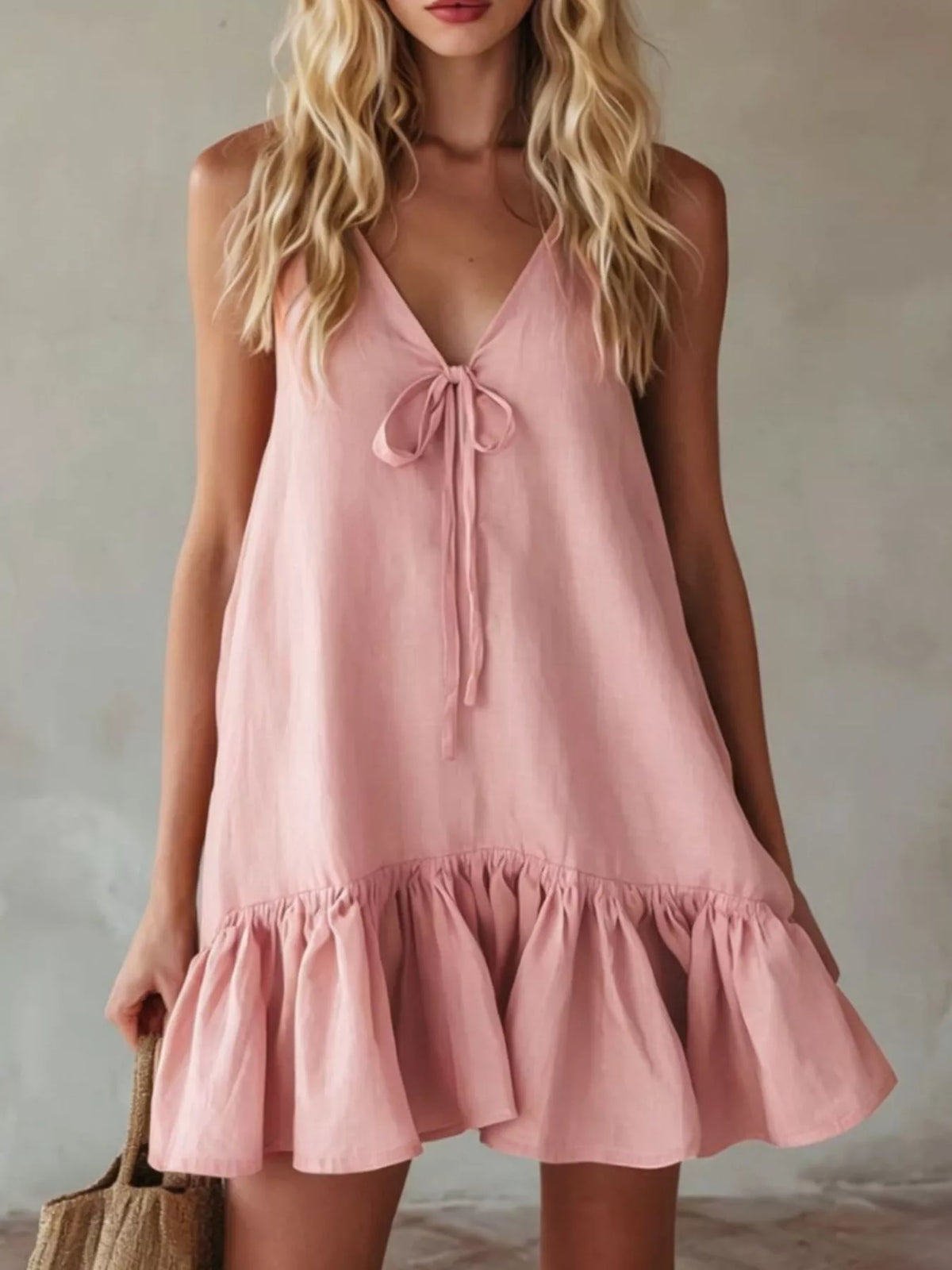 V neck tie front ruffle hem mini dress full length view