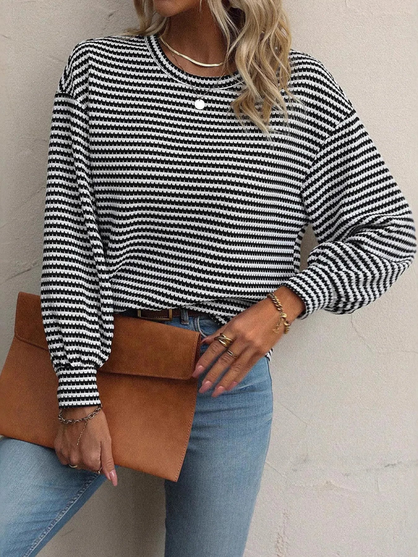 Striped Round Neck Lantern Sleeve Top - Fashorio