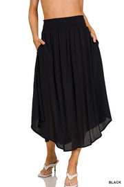 Zenana Woven Crinkle Smocked Waist Maxi Skirt W Pockets - Fashorio