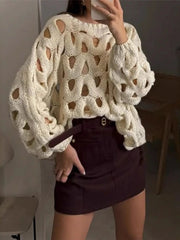Chunky Cable Knit Hollow Out Sweater Beige - Fashorio