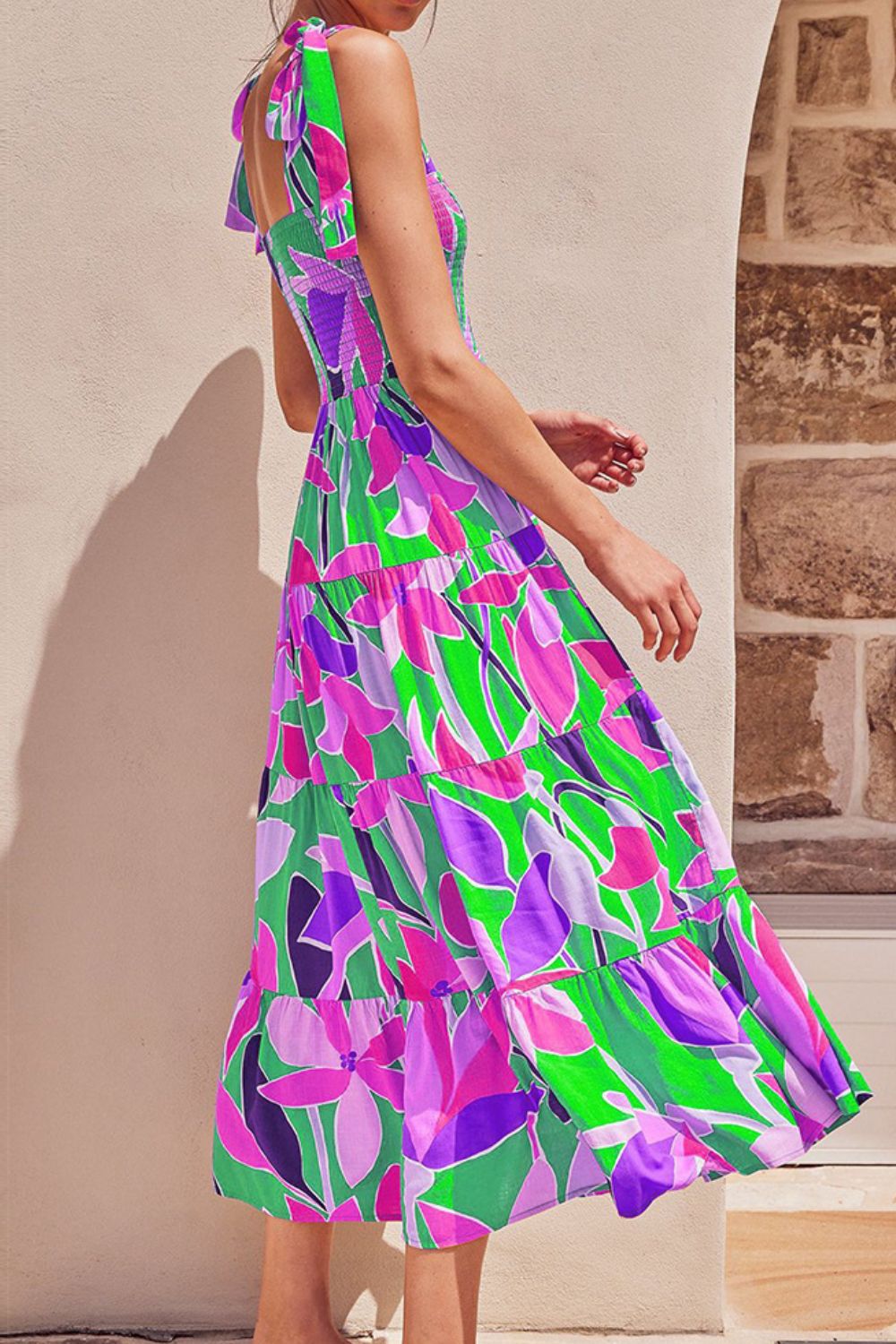 Floral tie shoulder midi dress full length