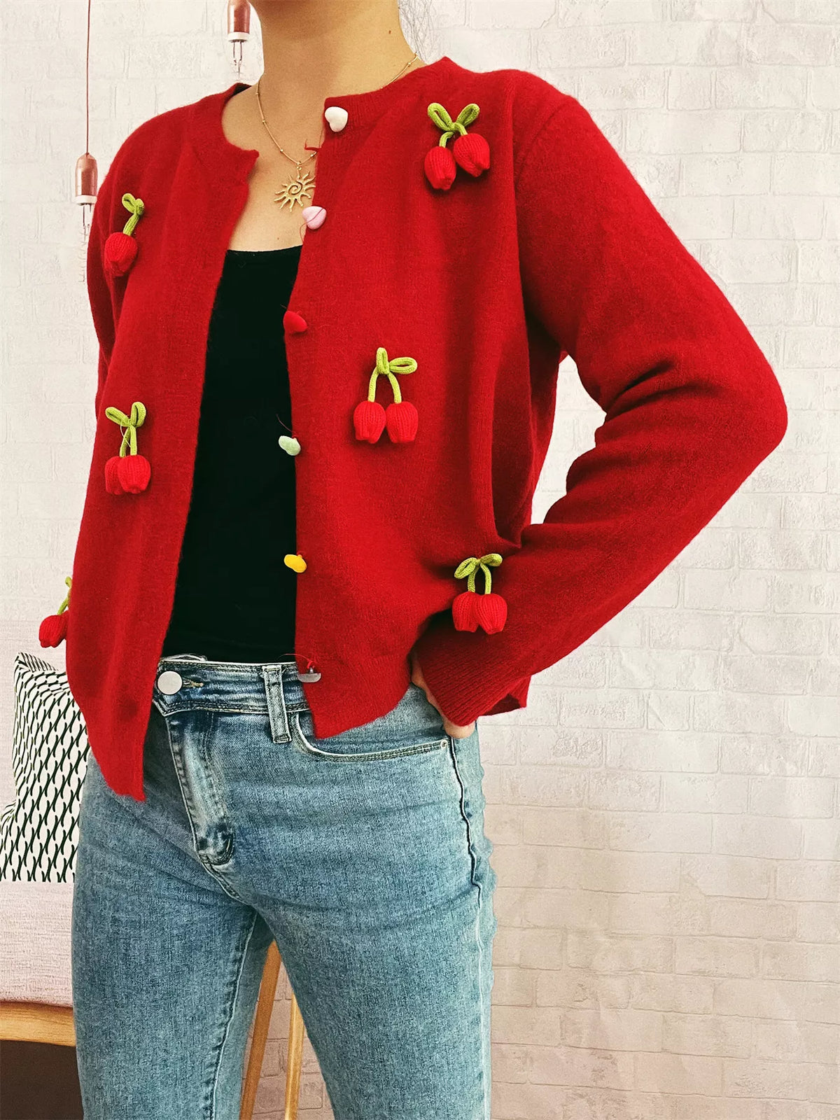 Flower cardigan styled with jeans