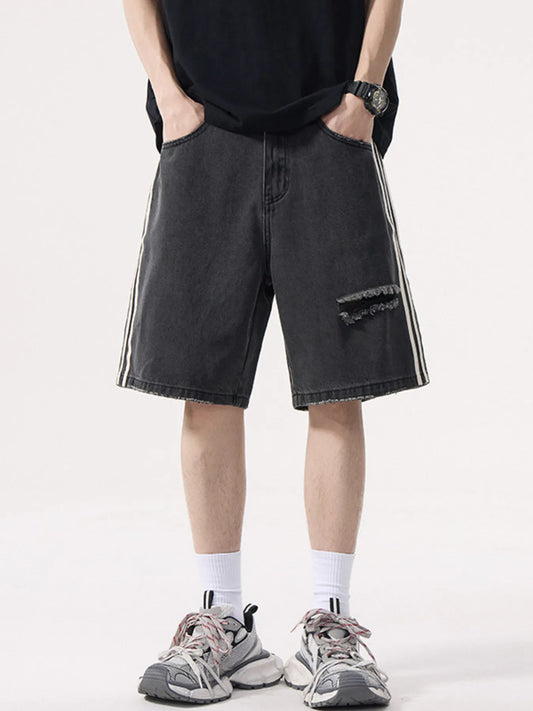 Men's Distressed Side Striped Denim Shorts Black - Fashorio