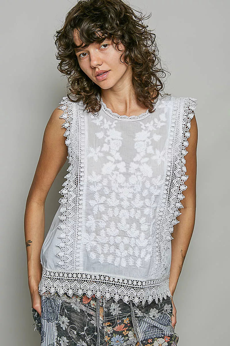 Off white botanical embroidered lace top front view