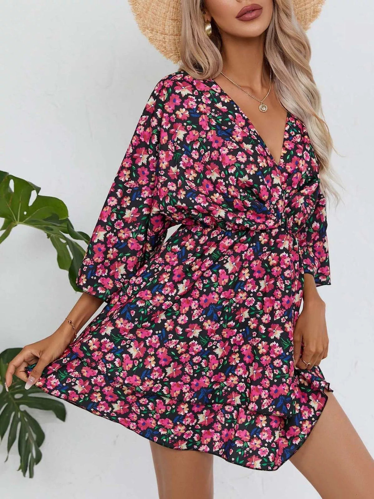 Floral print tiered ruffle hem mini dress front view