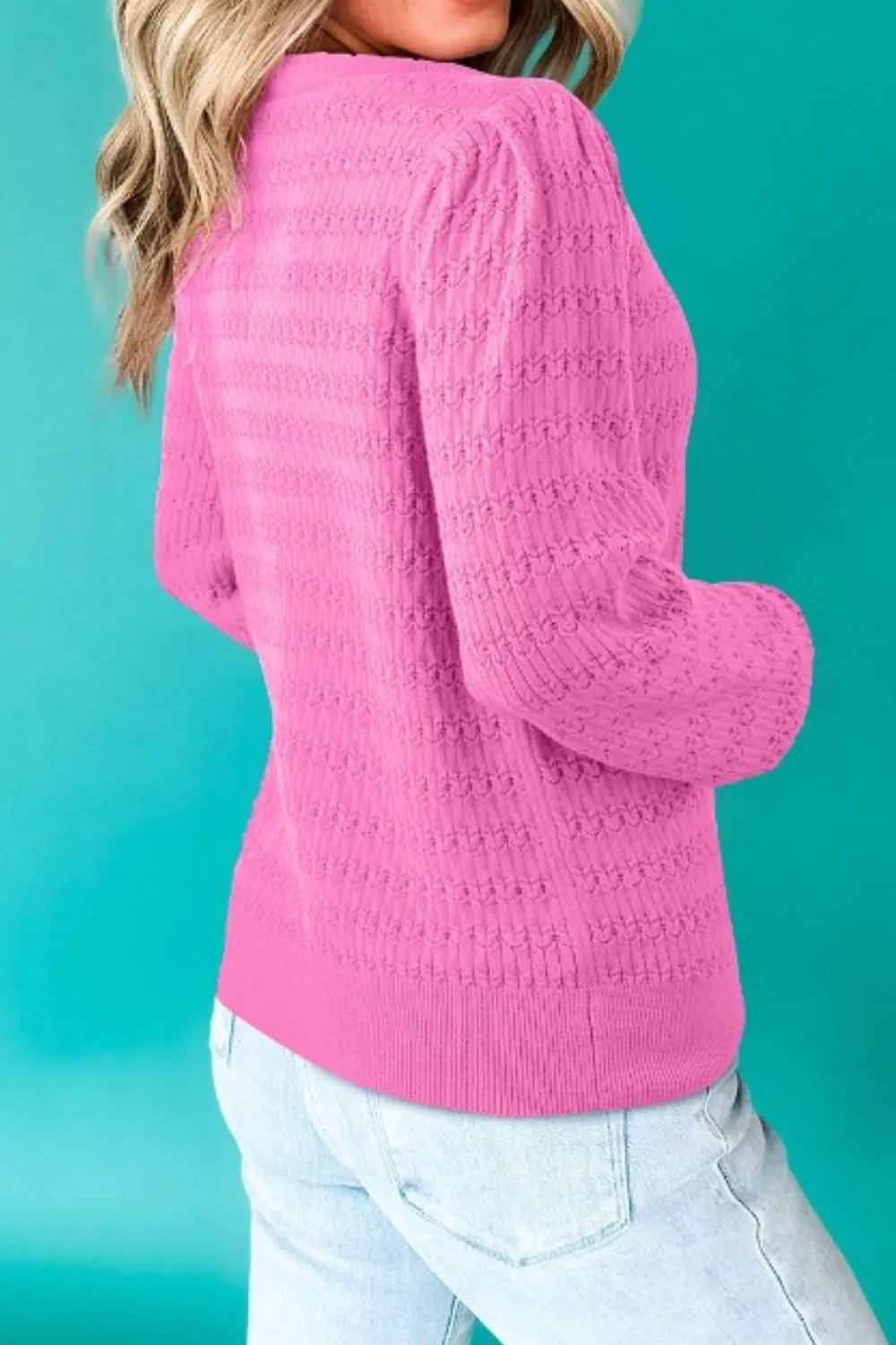Texture Round Neck Long Sleeve Sweater Fuchsia Pink - Fashorio