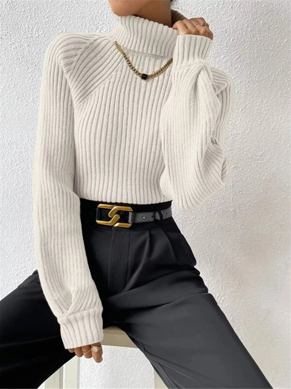 Cozy high neck knit styled casually