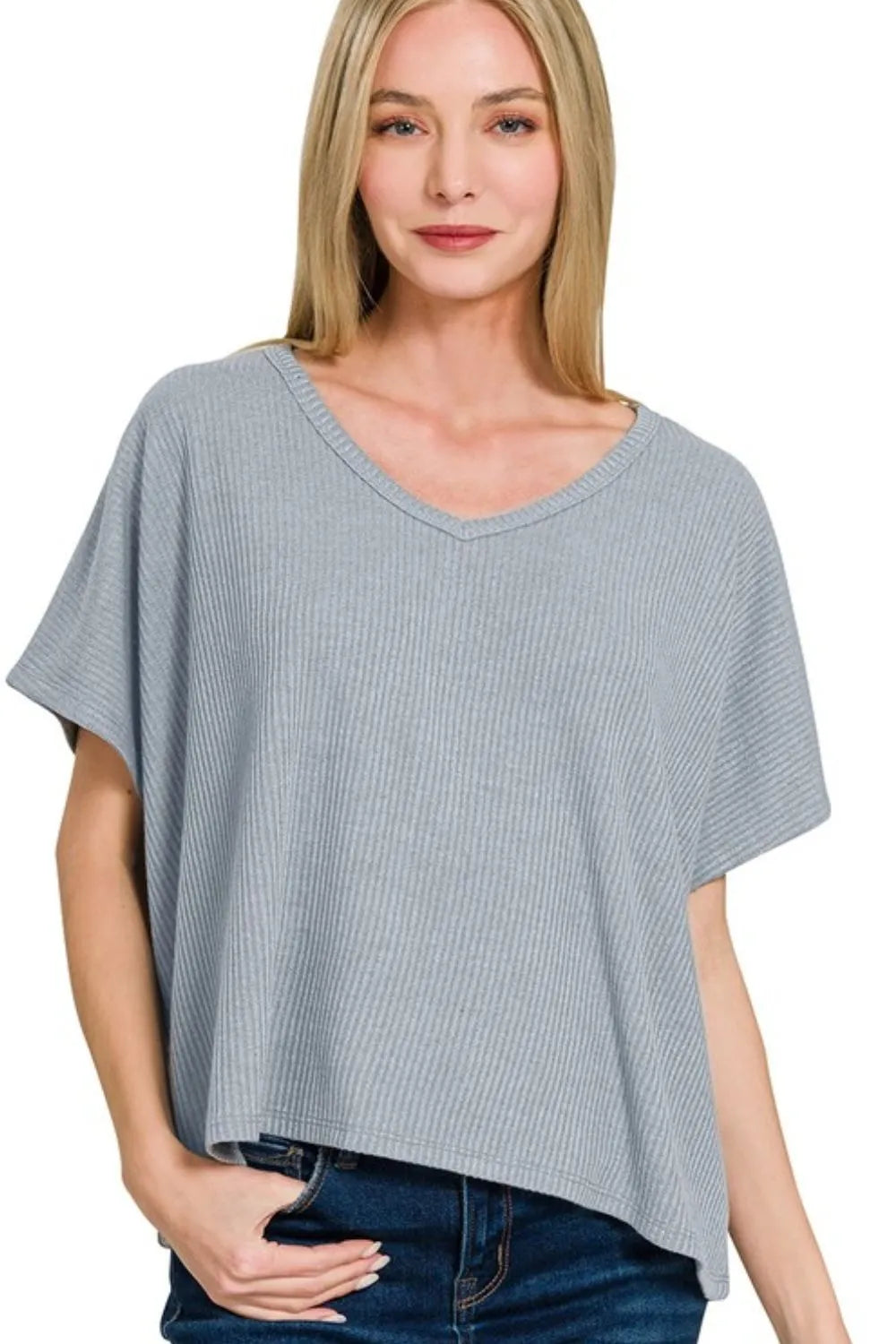 Zenana Ribbed V-Neck Short-Sleeve Knit Top BLUE GREY - Fashorio