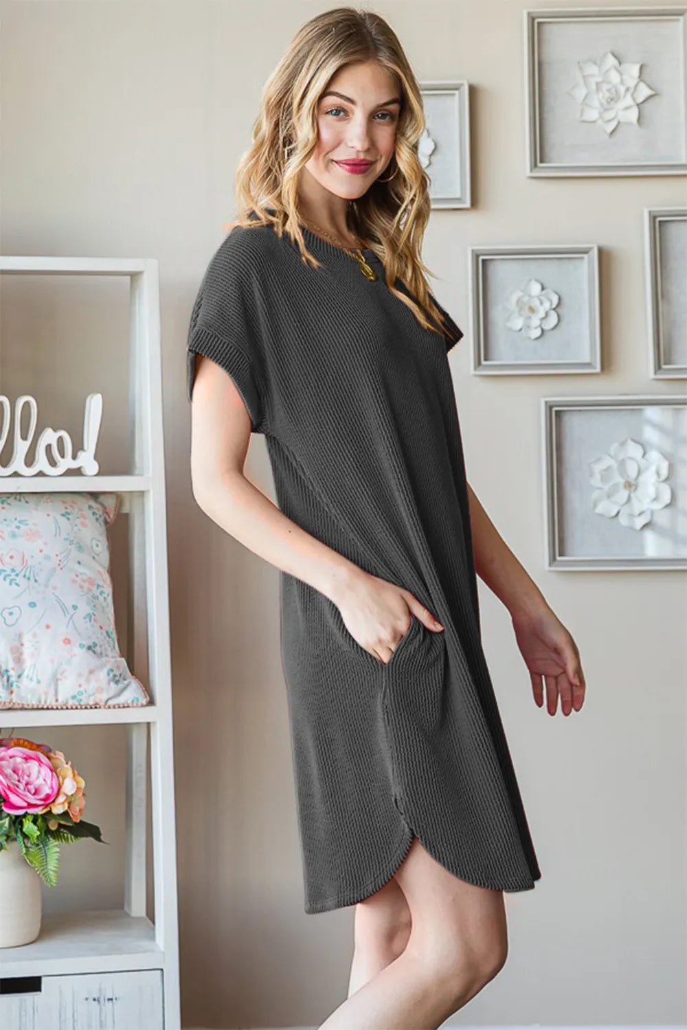 Ribbed Round Neck Short Sleeve Tee Dress detail