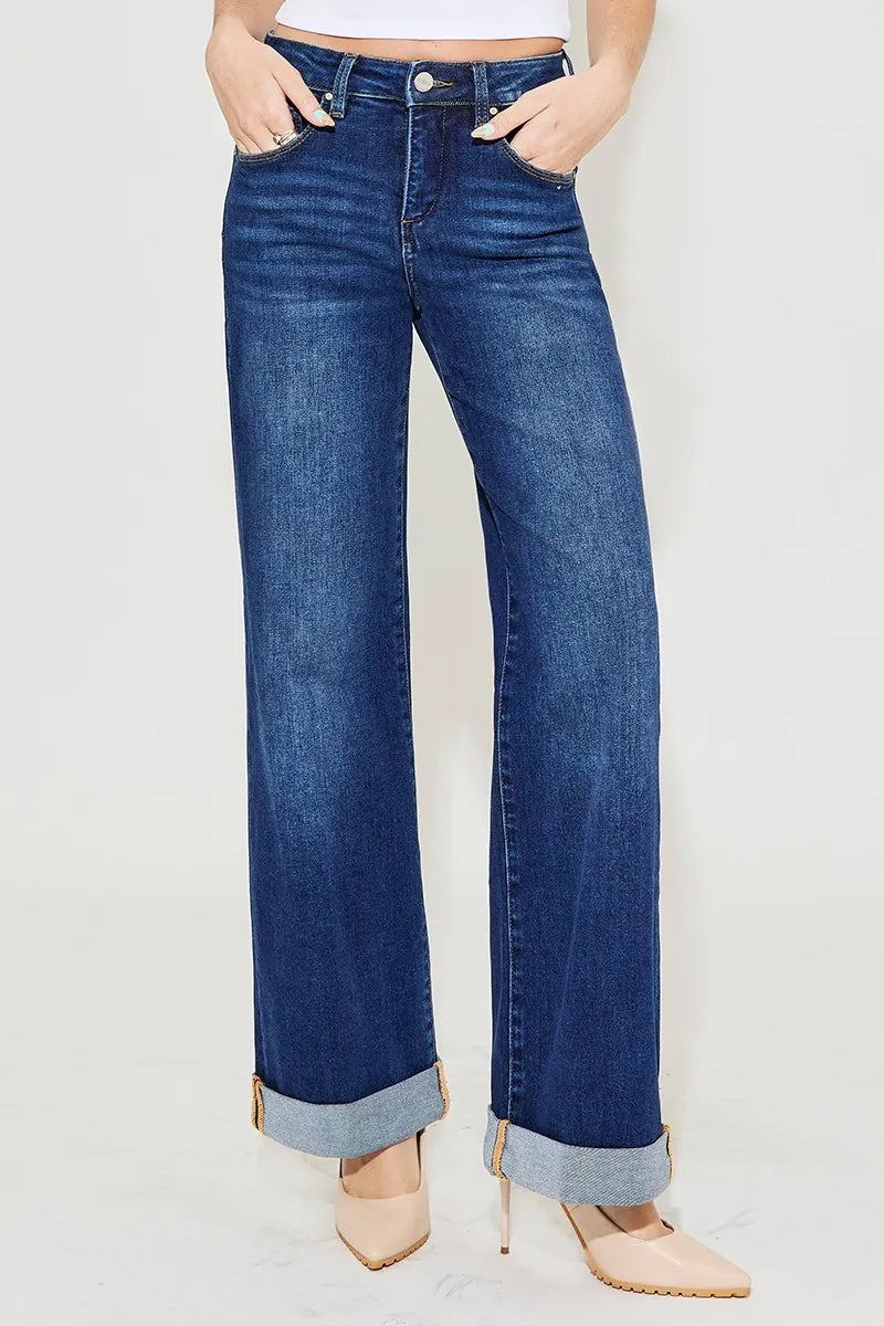 Dark blue wide leg jeans roll up cuff detail