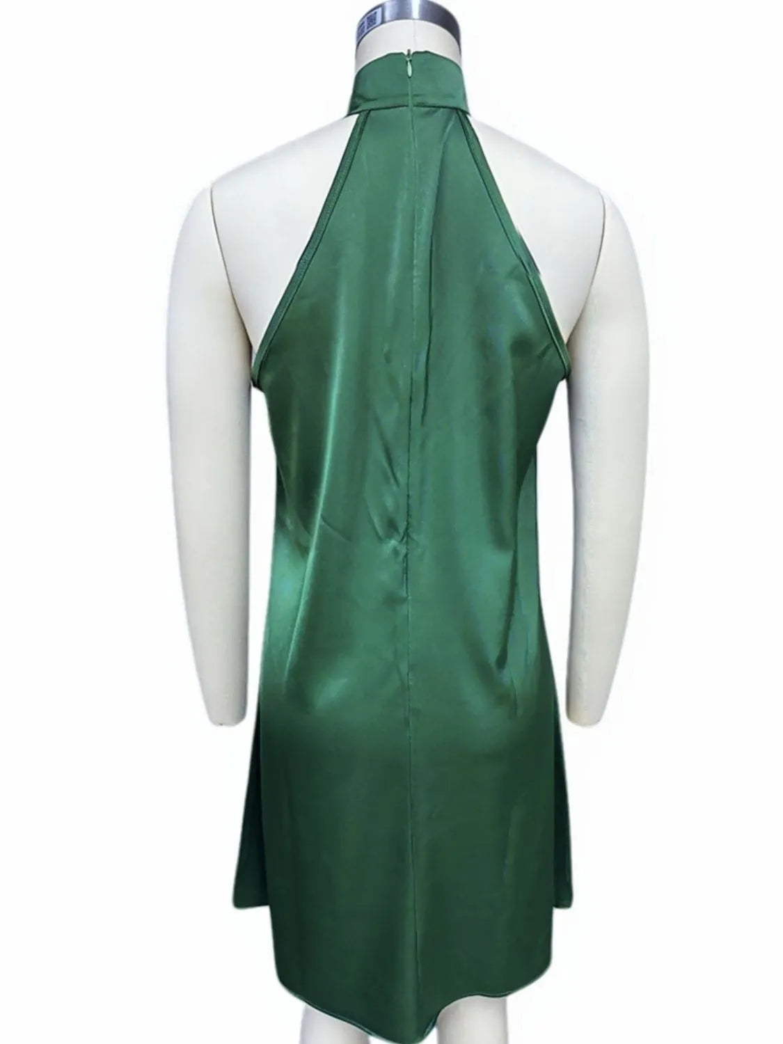 grecian neck satin mini dress skirt detail