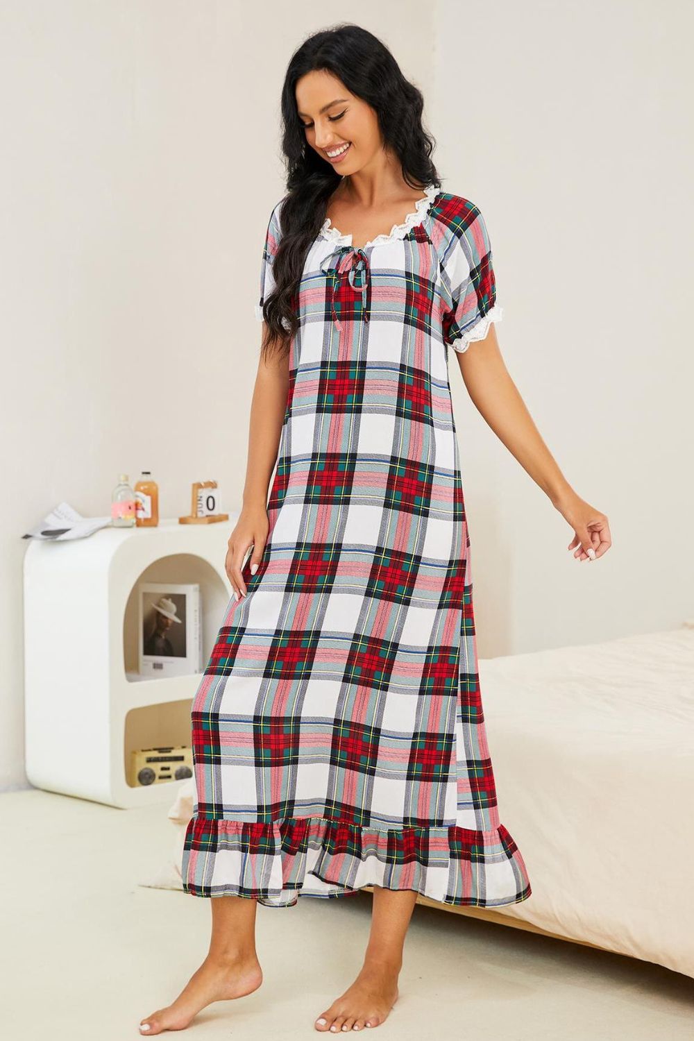 Plaid Lace Trim Ruffle Hem Night Dress - Fashorio