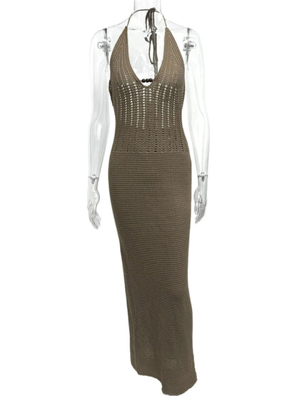 Halter Neck Maxi Bodycon Sweater Dress - Fashorio