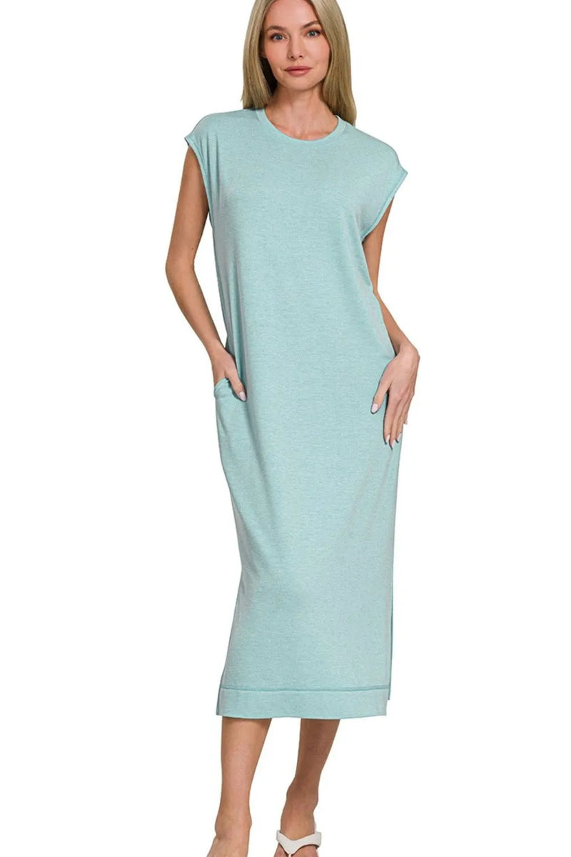 French Terry Sleeveless Round Neck Midi Dress