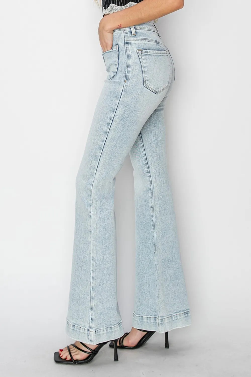 Risen Full Size High Rise Front Patch Pocket Flare Jeans - Fashorio