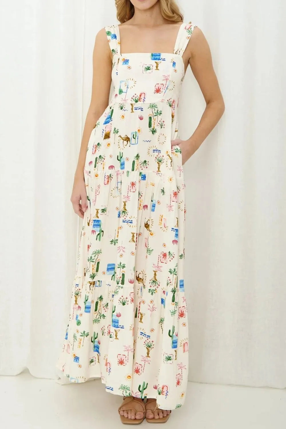 Printed Square Neck Wide Strap Maxi Dress side view