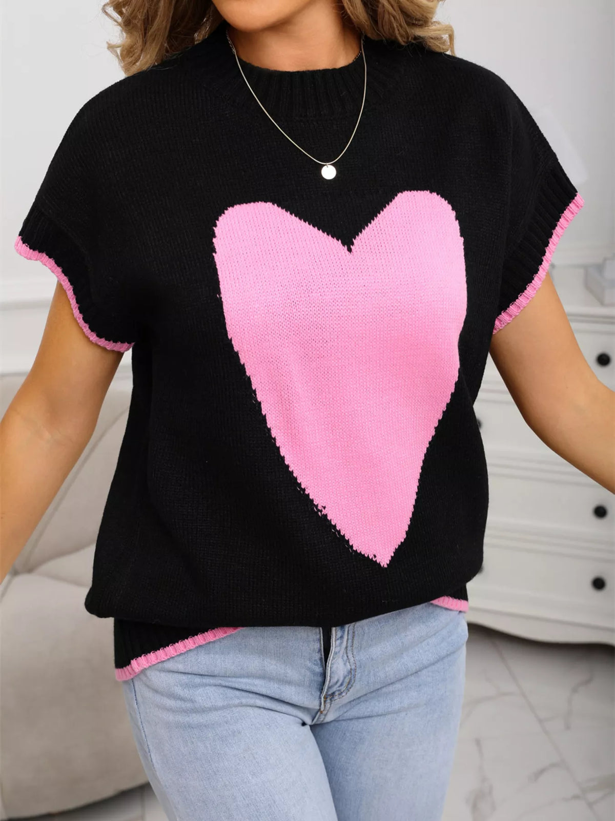 Black heart graphic short sleeve sweater front view