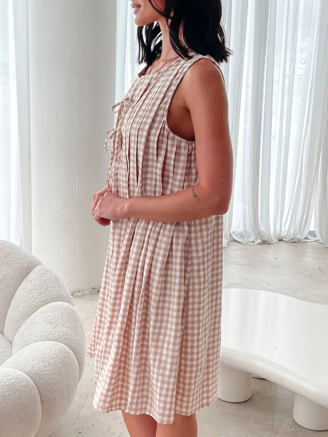 Plaid Tie Front Sleeveless Dress in Black detail