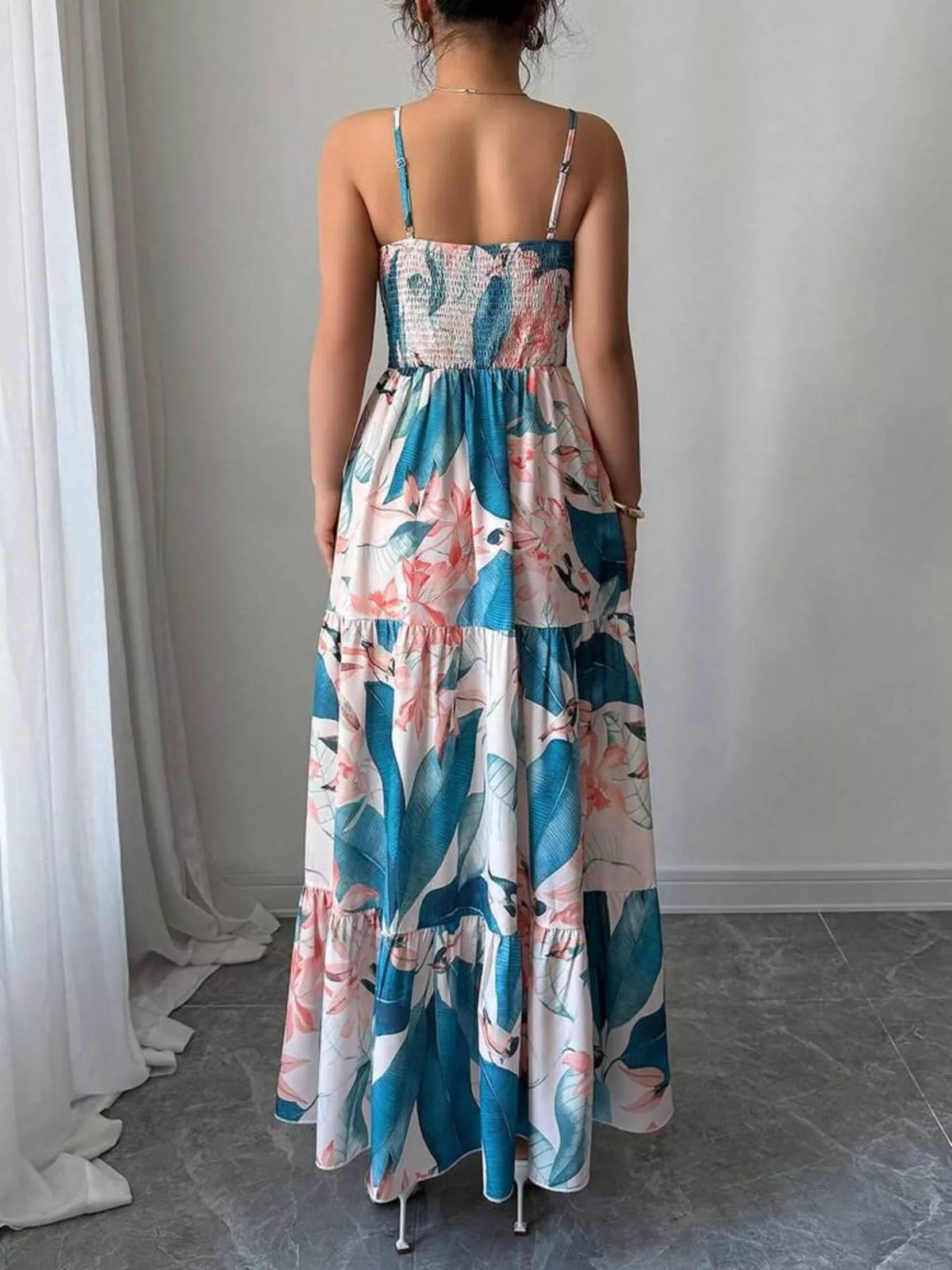 Floral tiered maxi dress cami strap detail