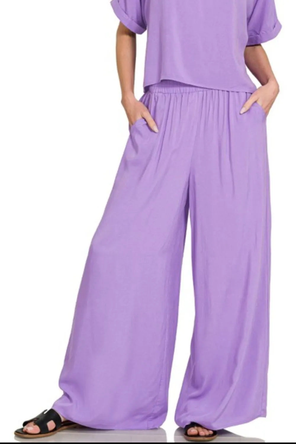 Zenana Round Neck T-Shirt and Wide Leg Pants Set - Fashorio