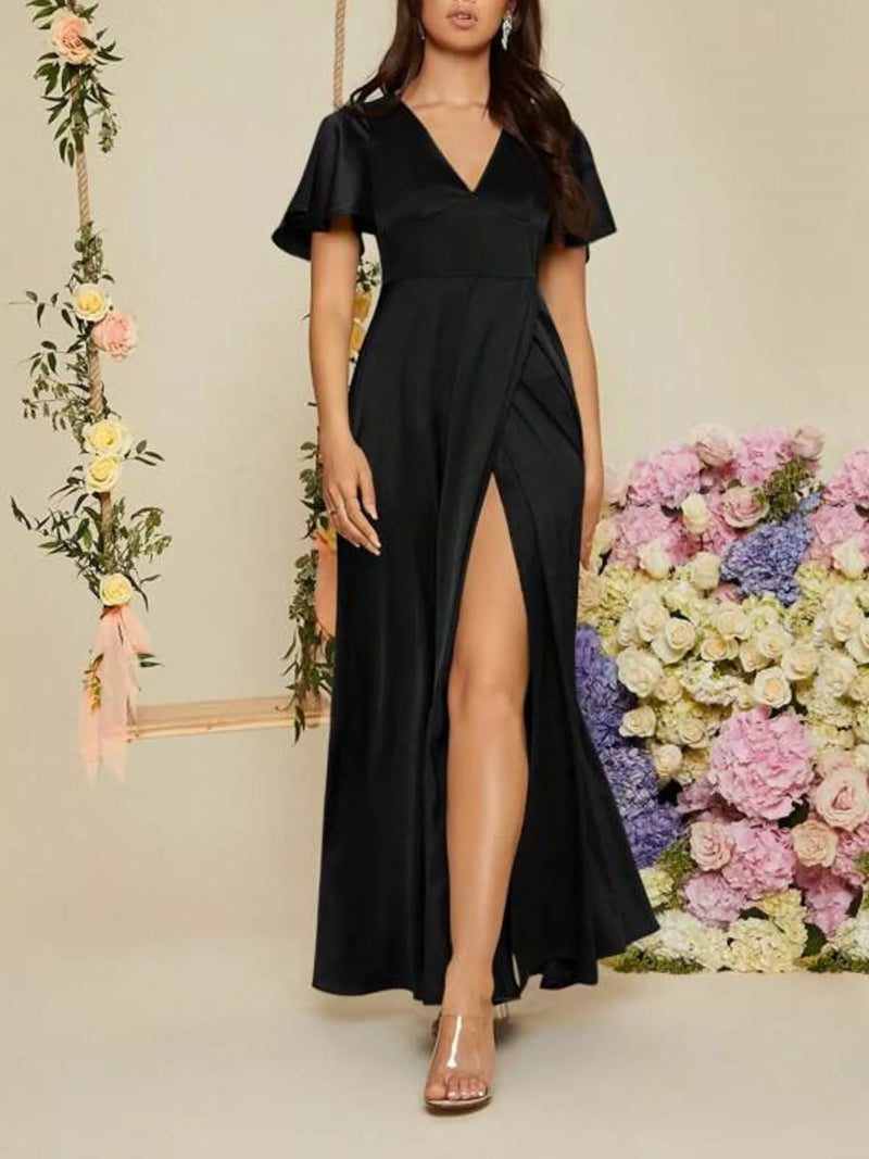 Flutter sleeve slit maxi dress front view