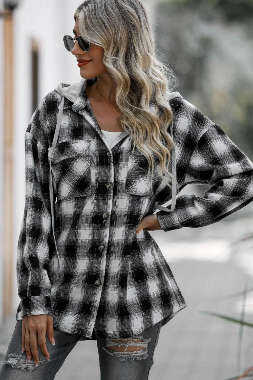 Drawstring Plaid Hooded Shacket, view 9