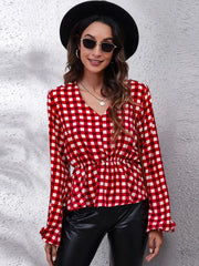 Plaid V-Neck Balloon Sleeve Peplum Blouse Deep Red - Fashorio