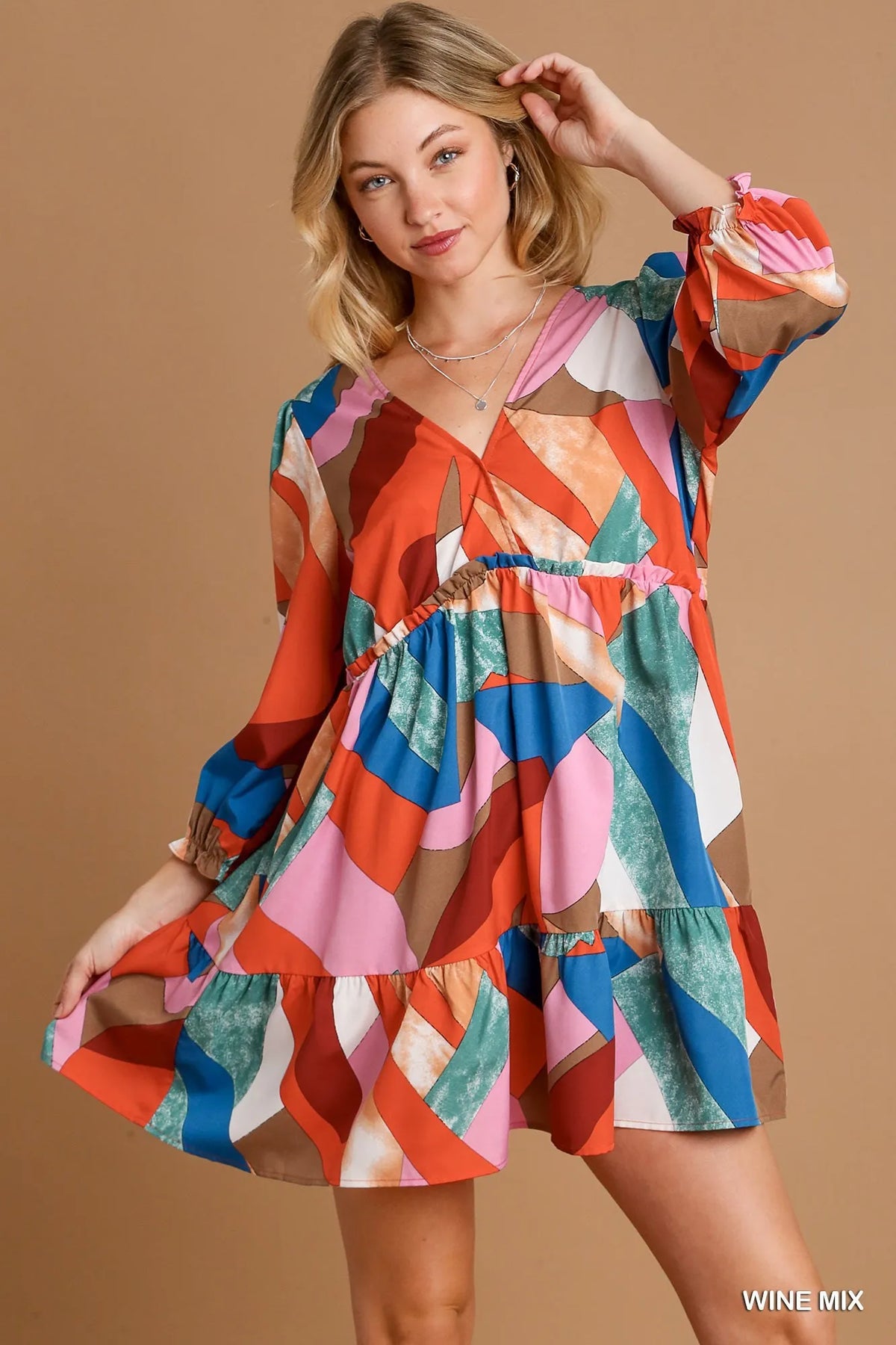 Abstract Print V Neck Tiered Dress in Wine