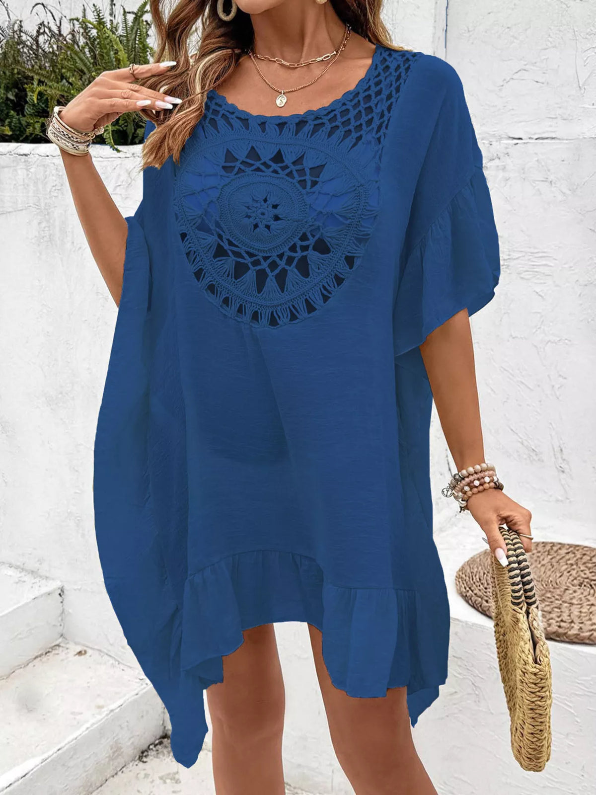 knit crochet trim ruffle hem cover up dress back view
