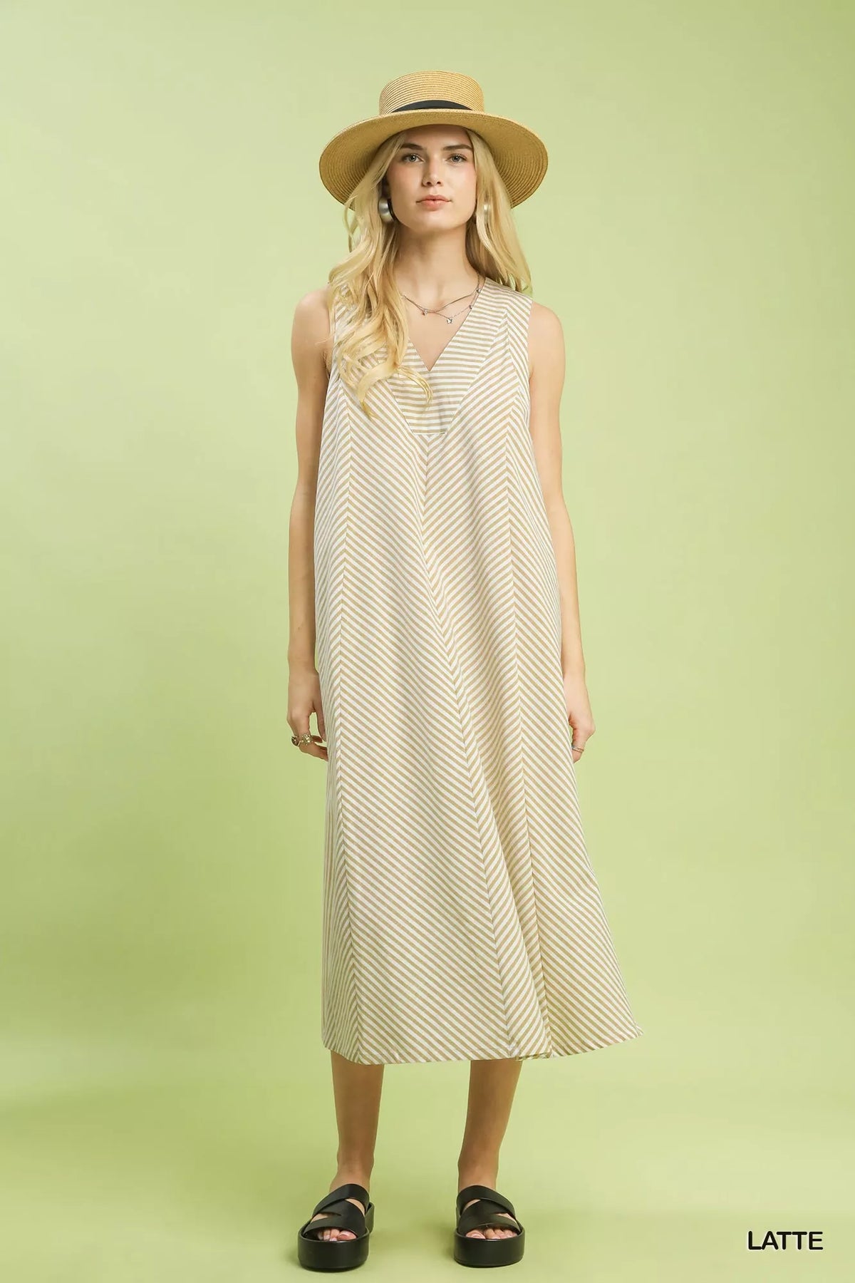 Latte chevron stripe sleeveless V neck midi dress detail view
