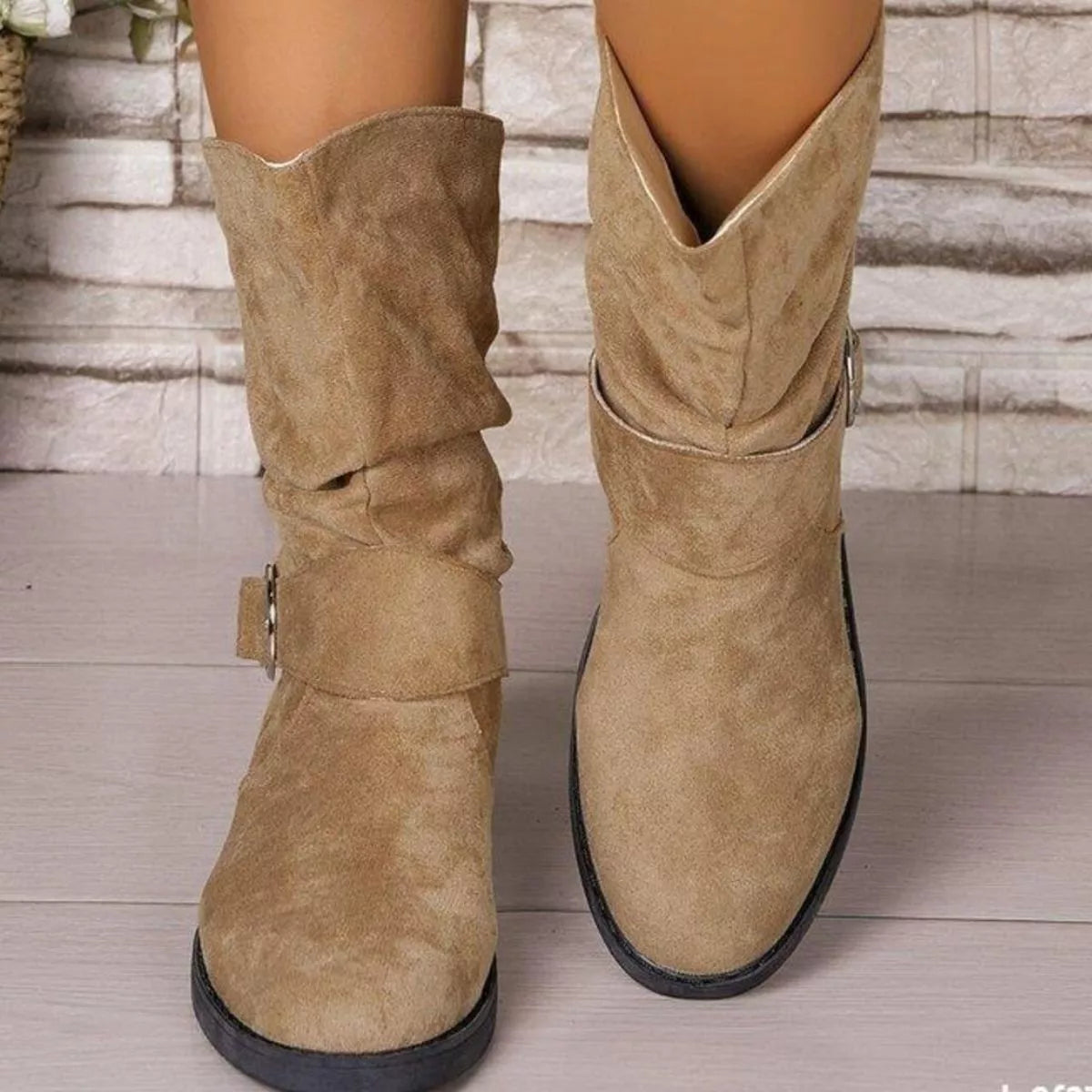 Suede round toe block heel boots heel and sole detail