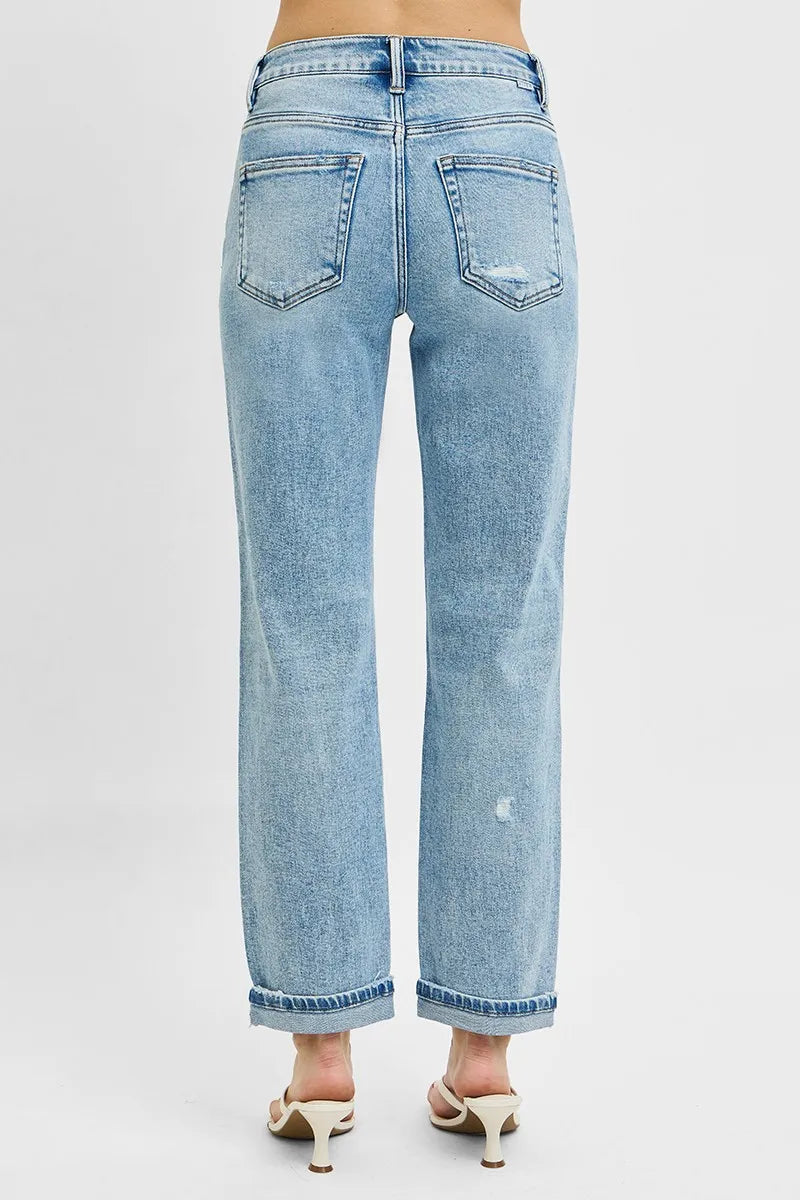 RISEN boyfriend jeans side view showing relaxed ankle fit