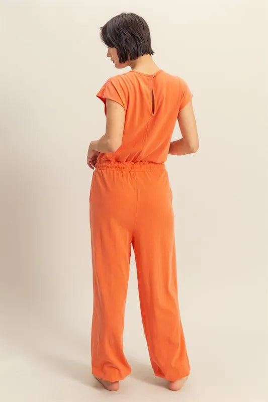 Back Keyhole Round Neck Cap Sleeve Drawstring Jumpsuit side view