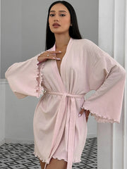 Tie Waist Kimono Sleeve Lounge Nightgown Dusty Pink - Fashorio