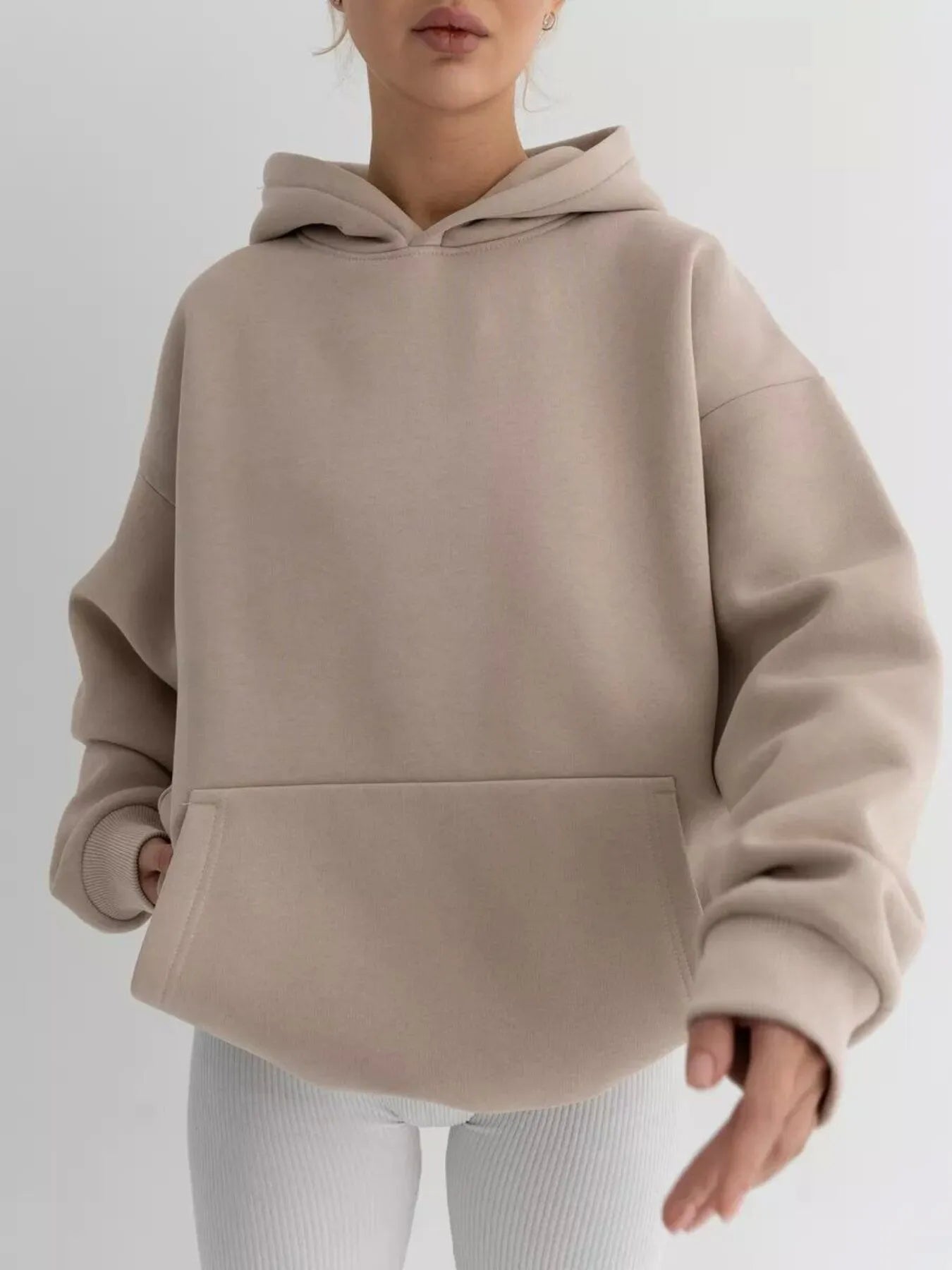 Kangaroo Pocket Long Sleeve Hoodie Dust Storm - Fashorio