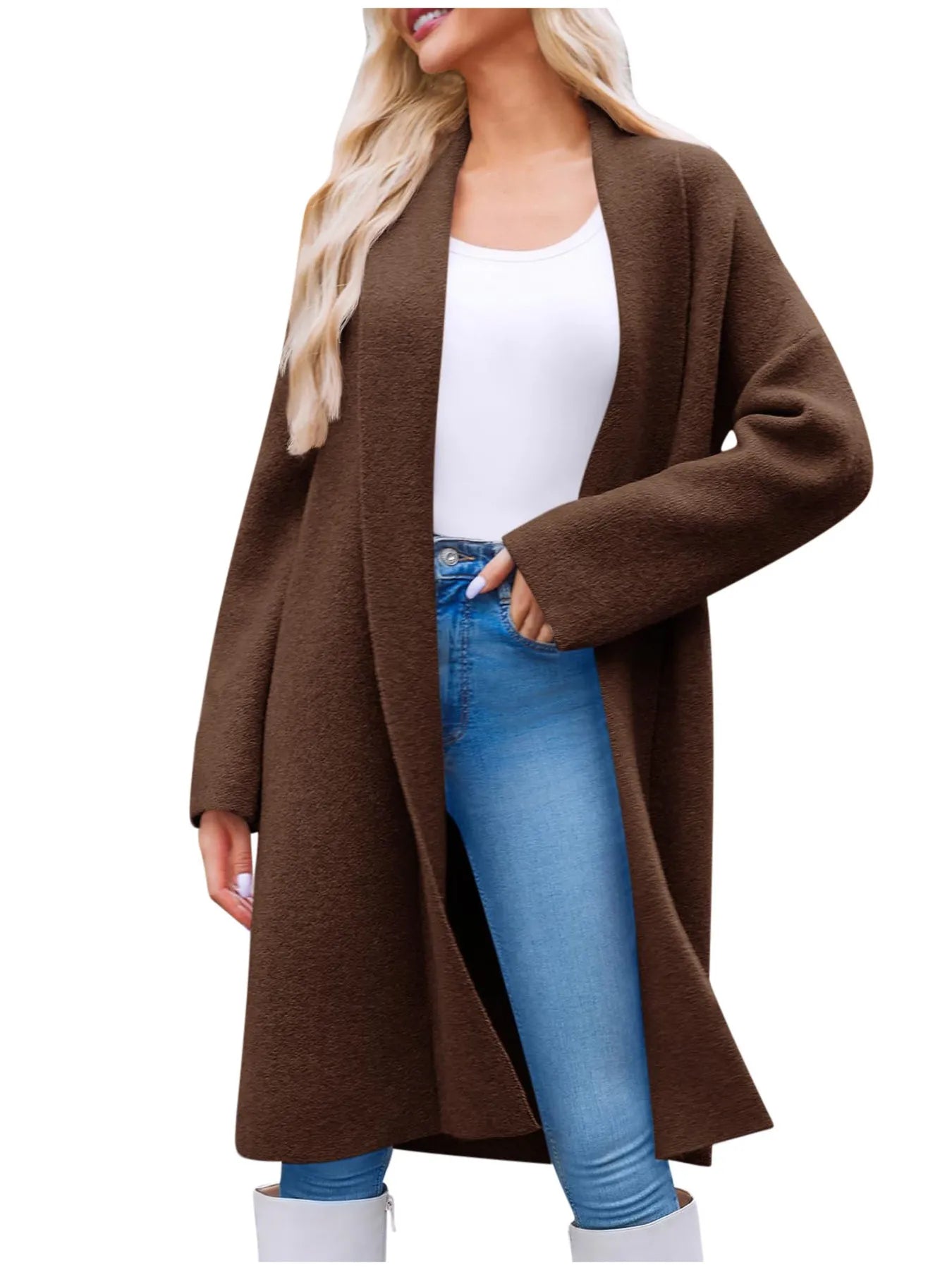 Open Front Longline Coat Brown - Fashorio