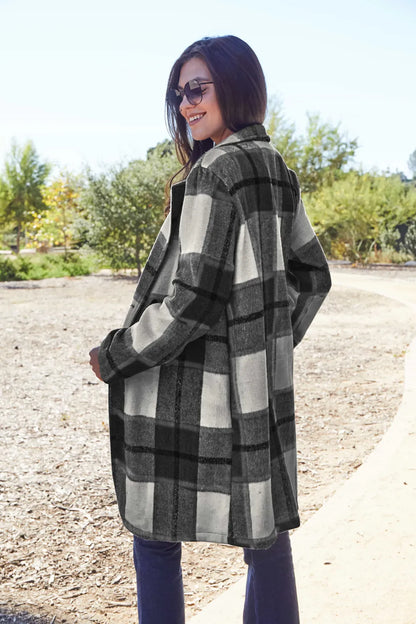 Double Take Full Size Plaid Button Up Lapel Collar Coat - Fashorio