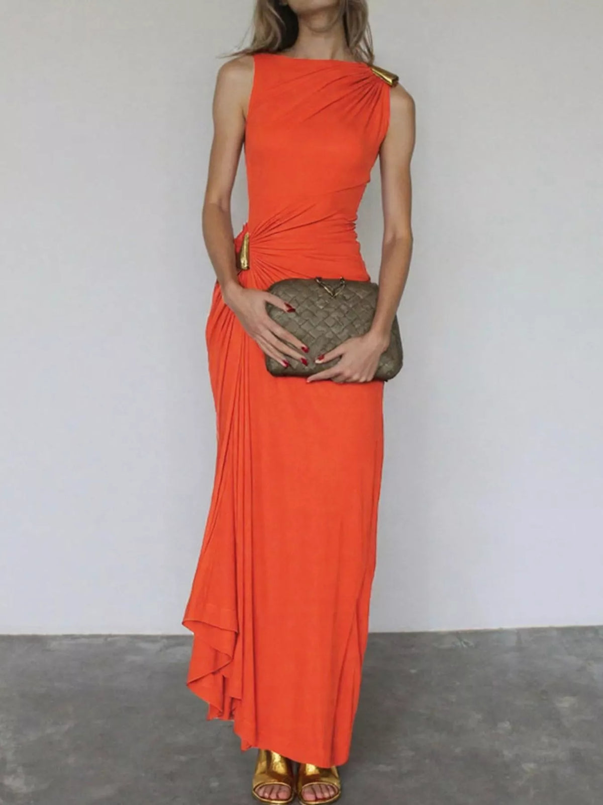 Draped sleeveless bodycon maxi dress waist detail