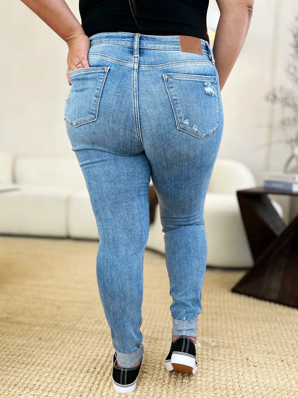 Judy Blue Mid Rise Distressed and Cuff Skinny Jeans side view