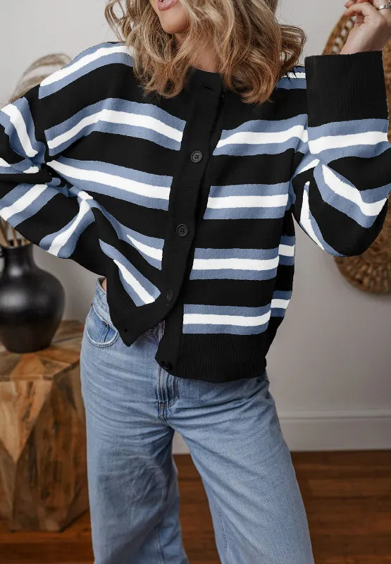 Striped Button Down Long Sleeve Cardigan - Fashorio