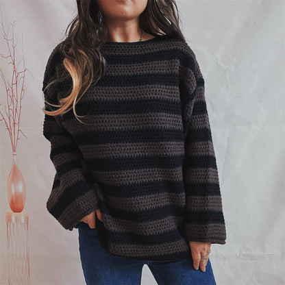 Striped Round Neck Long Sleeve Sweater Black - Fashorio